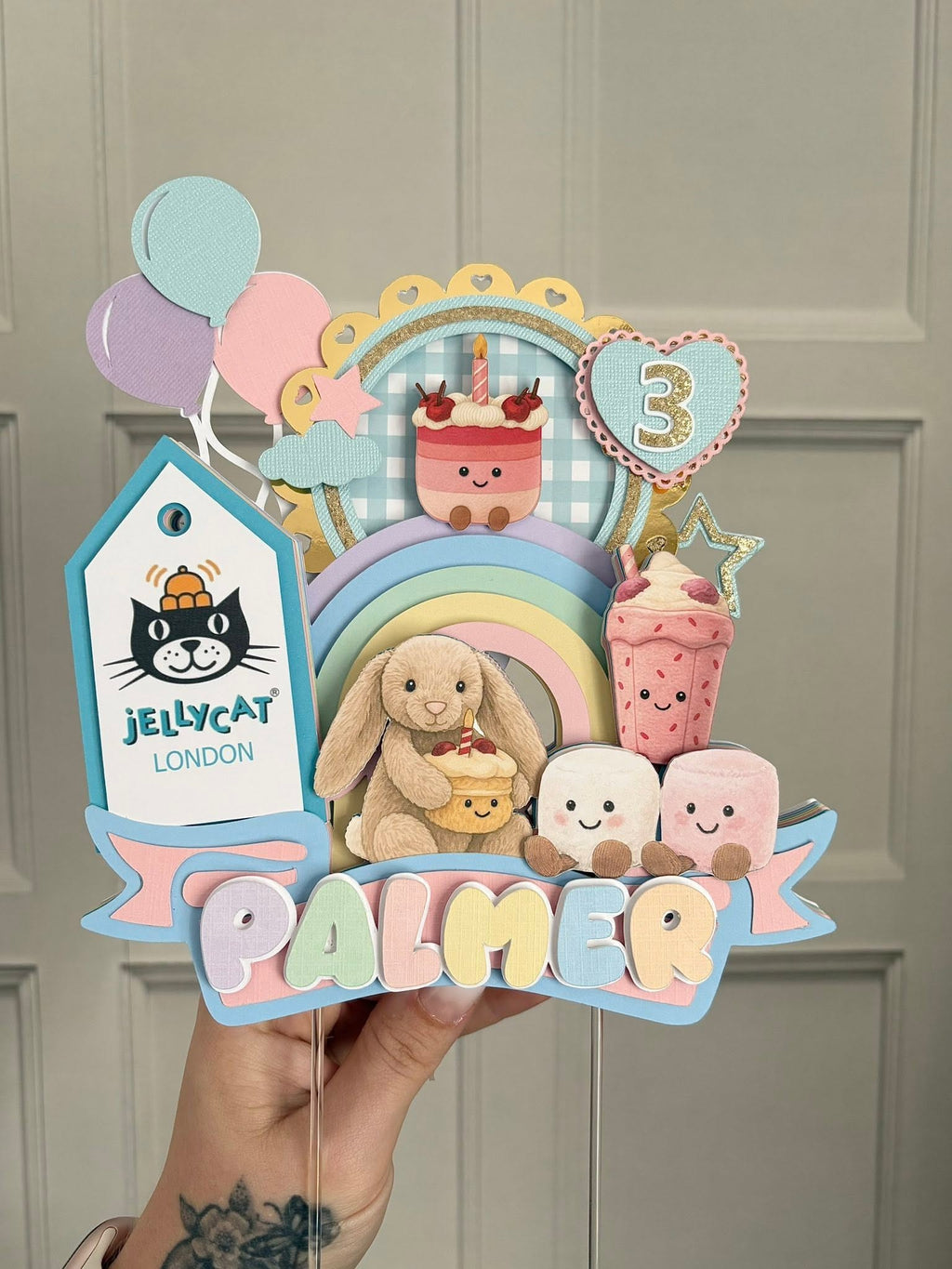 Pastel Rainbow 3D Layered Jellycat Cake Topper